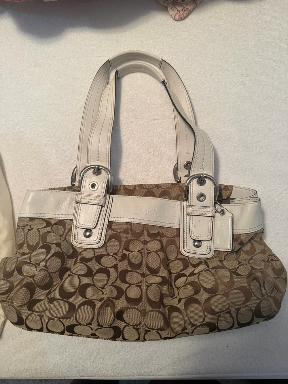 Coach Khaki Signature Canvas Shoulder Tote with Chalk Trim